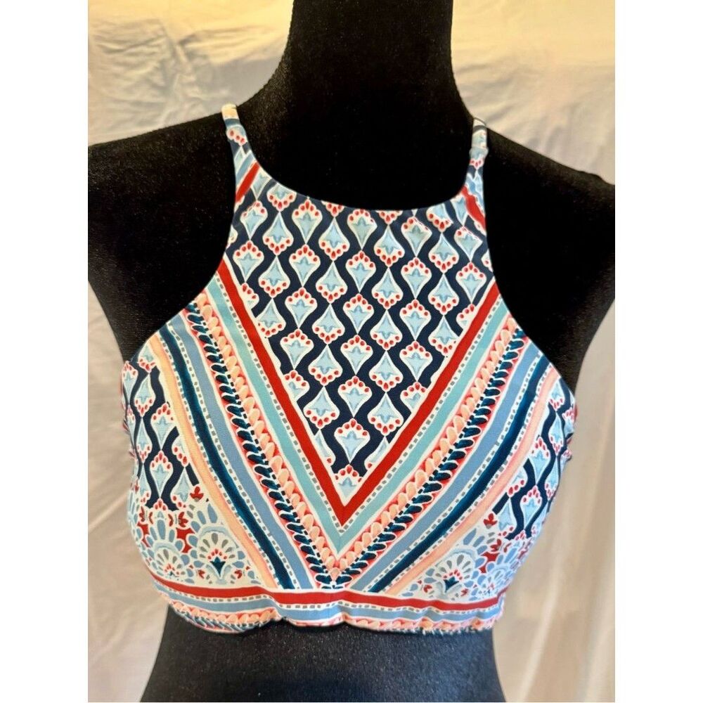 Lucky Brand High Neck Bikini Top in Navy, Red & Light Blue